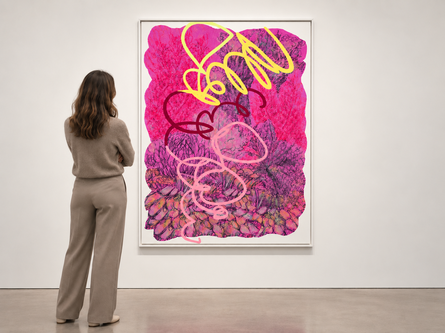 Large pink abstract artwork with gestural yellow, burgundy, and pale pink lines, displayed in a gallery