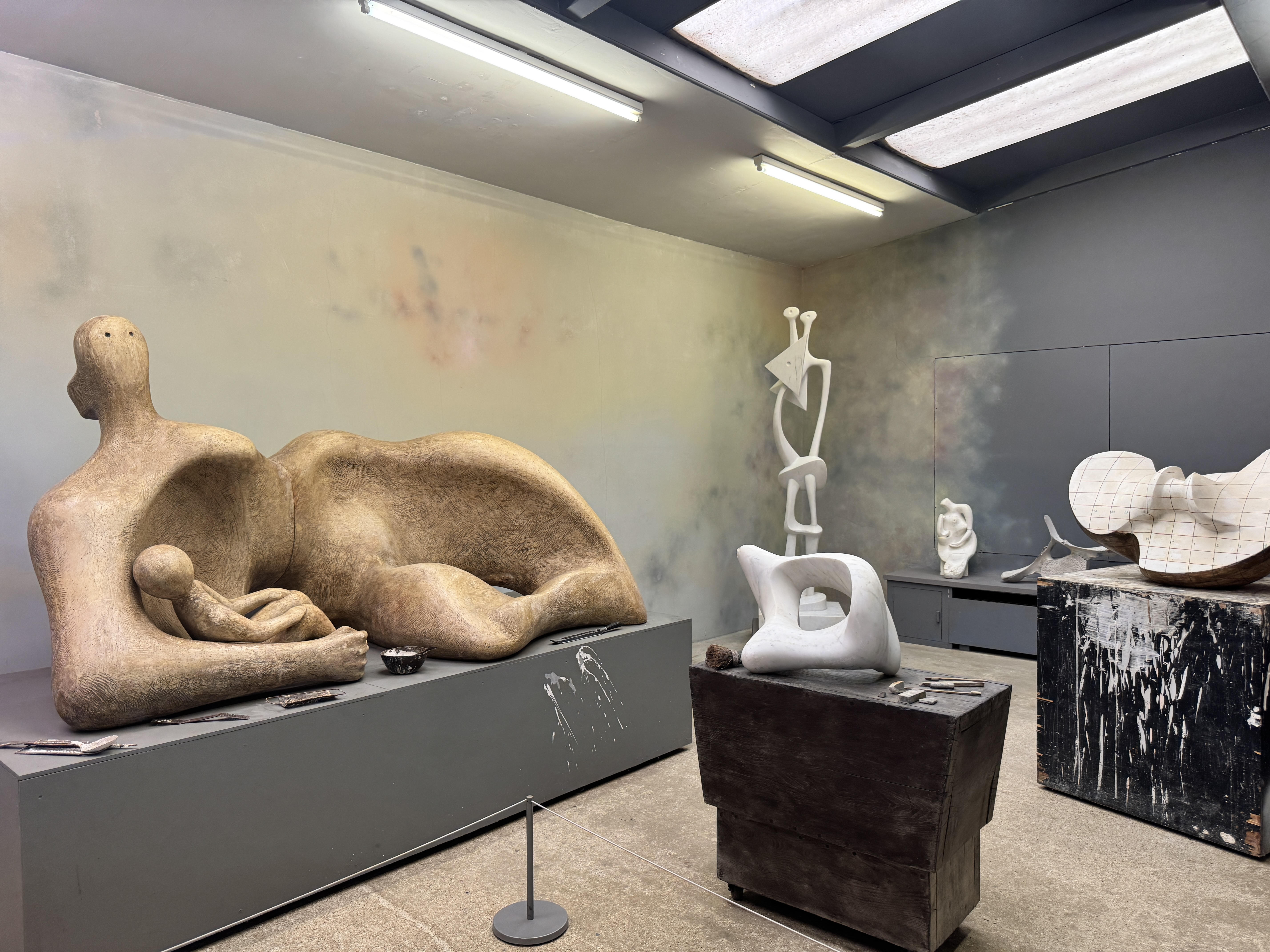 Henry Moore’s studio interior with plaster models and reclining figures