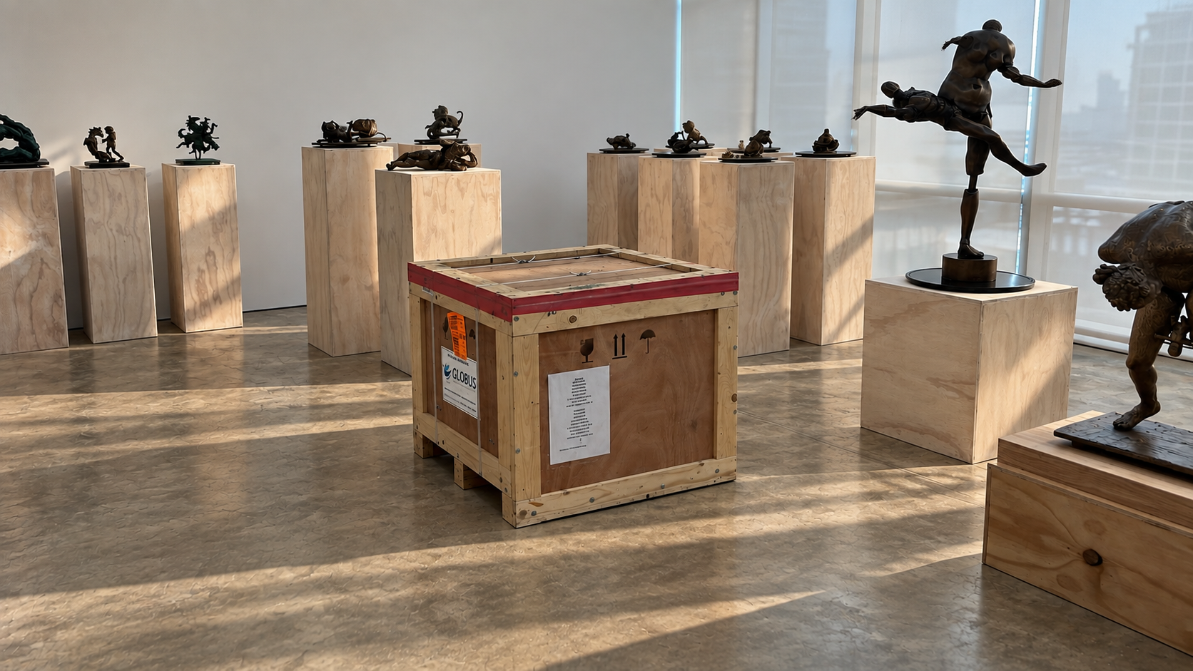 Wooden art shipping crate surrounded by bronze sculptures in a gallery
